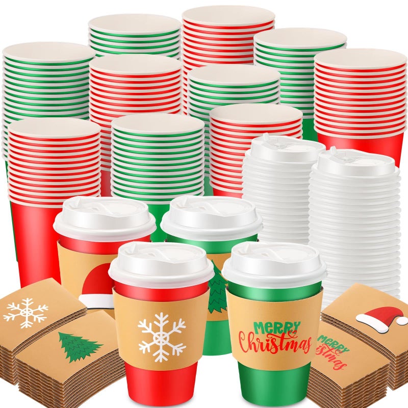 Ziliny 200 12 oz Christmas Cups with Lids and Coffee Cup Sleeves Bulk Red Green Disposable Christmas Paper Coffee Cups for Beverage Chocolate Tea Cocoa Xmas Holiday Table Decorations Party Favors